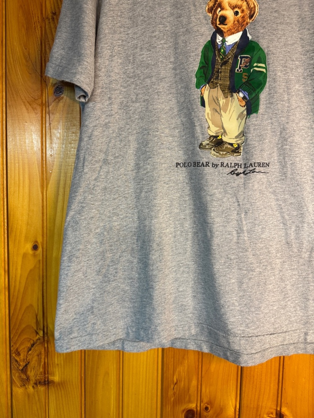 Vintage Polo by Ralph Lauren Gray Tee with Polo Bear in Green Jacket - Picture 6 of 13
